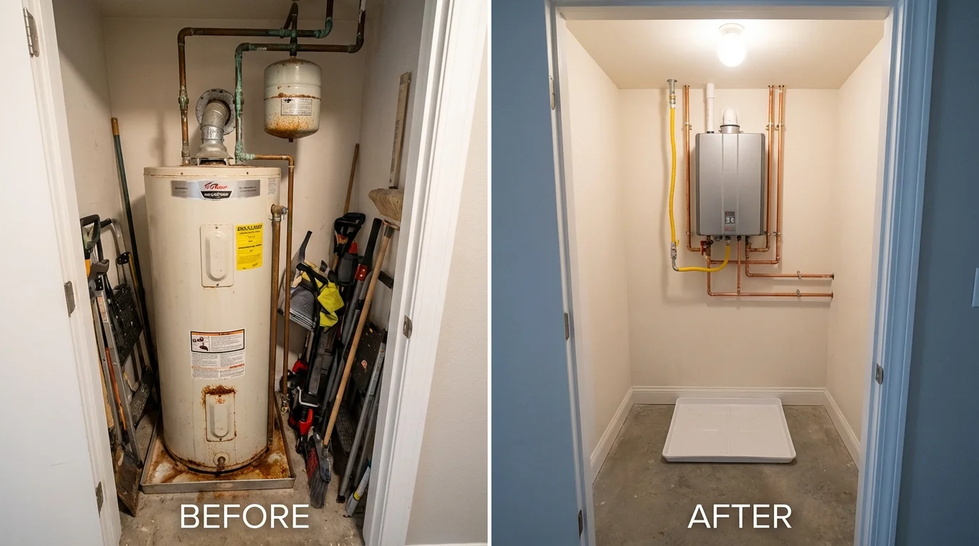 Tank water heater versus wall-mounted tankless unit comparison for Gilbert, IA homeowners