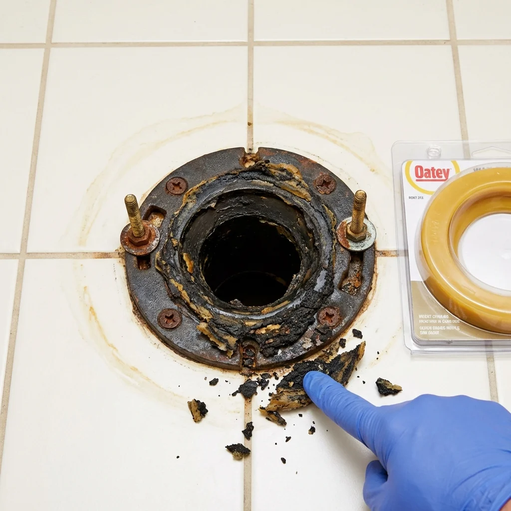 Failed wax ring showing water seepage at the base of a toilet in a Gilbert, IA home