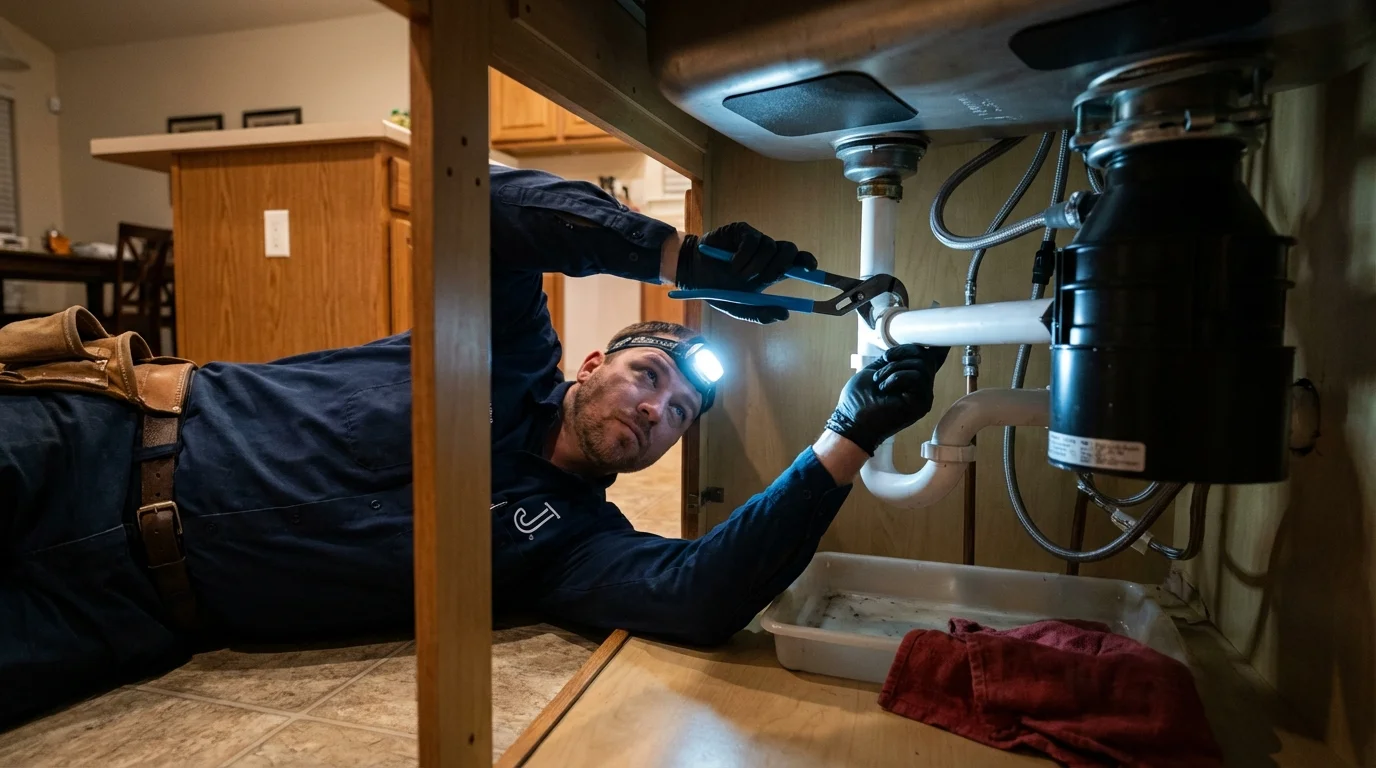 P-trap and supply line connections under a kitchen sink showing a common leak point in Gilbert, IA